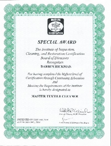 Darrin's master textile cleaner certificate